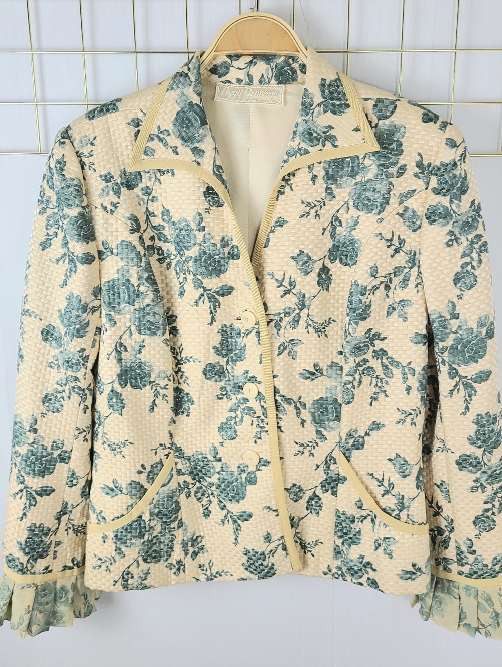 Peggy Jennings Green Cream Floral Print Vintage Blazer Jacket